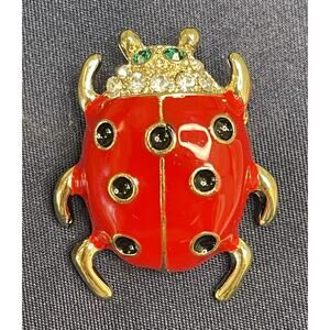 NWOT Ladybug Brooch Pin Red Enamel Rhinestone Crystal Gold Toned Lapel Pin